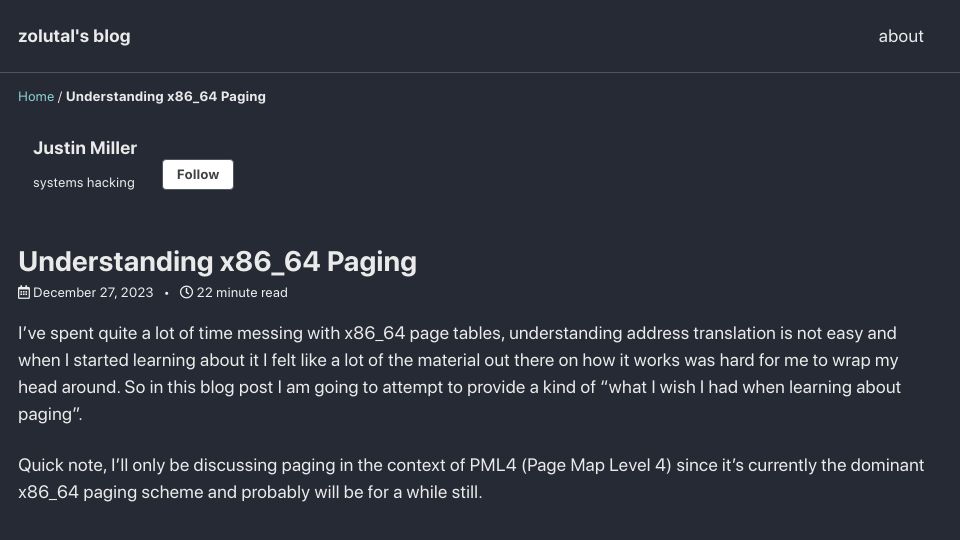 Screenshot of zolutal.github.io: Understanding x86_64 Paging