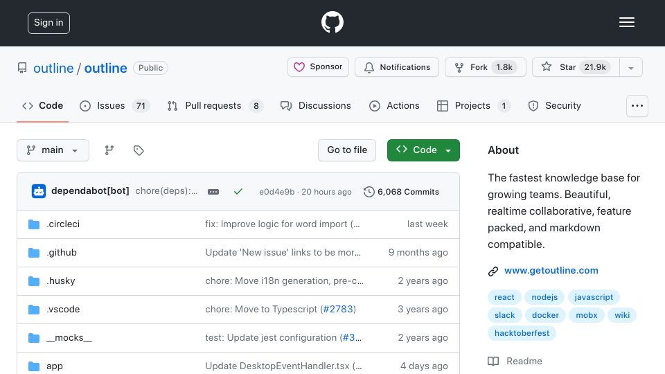 Screenshot of github.com: Outline: Self hostable, realtime, Markdown compatible knowledge base