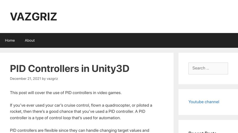 Screenshot of vazgriz.com: PID Controllers in Unity3D