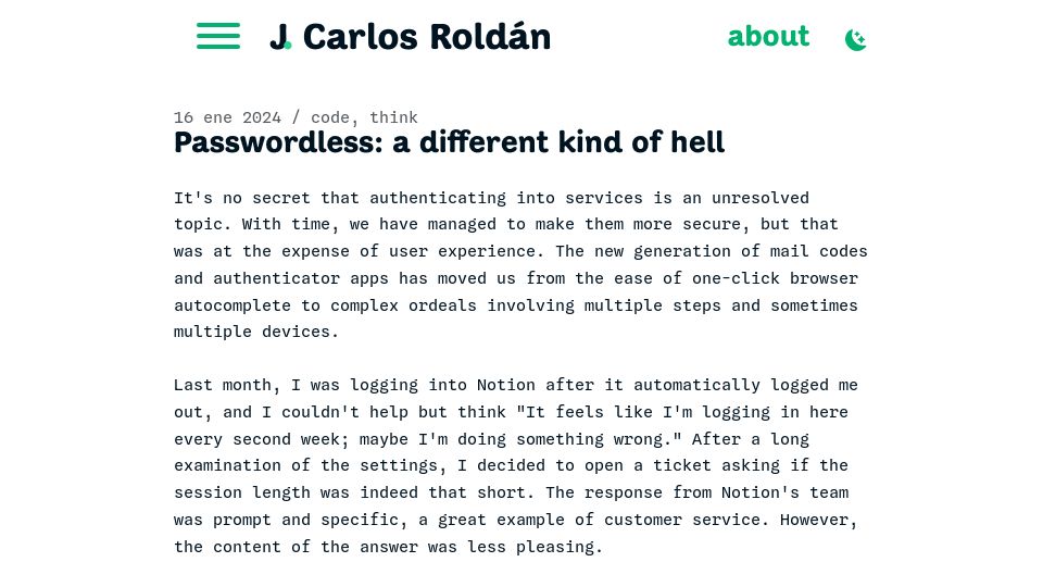 Screenshot of jcarlosroldan.com: Passwordless: a different kind of hell?