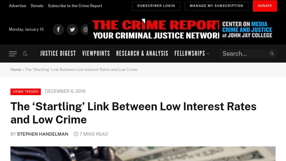 Screenshot of thecrimereport.org: A link between low interest rates and low crime (2016)