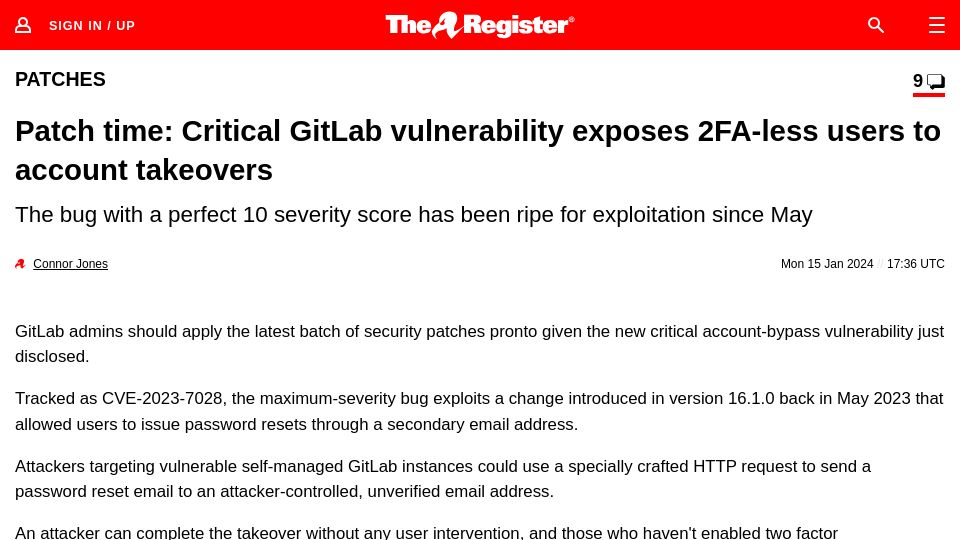 Screenshot of theregister.com: Critical Gitlab vulnerability exposes 2FA-less users to account takeovers
