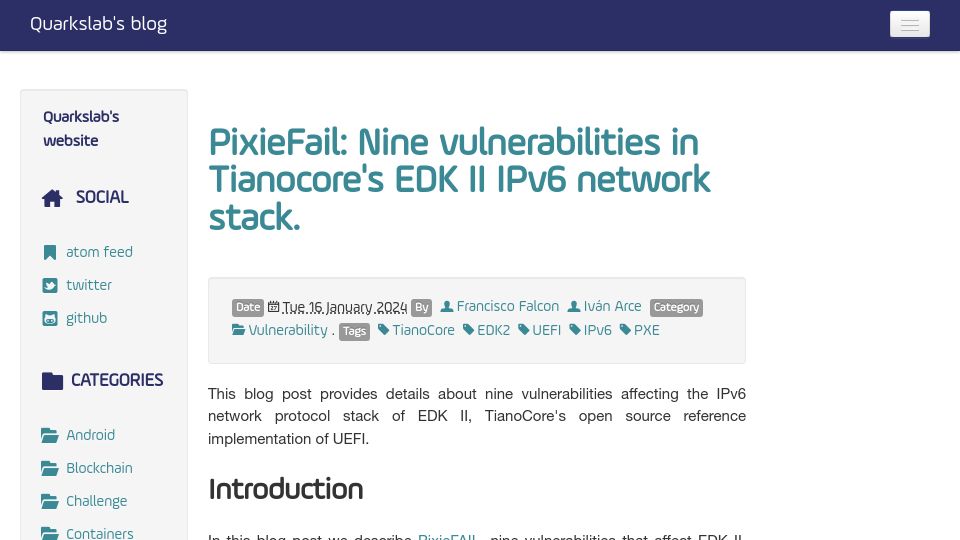 Screenshot of blog.quarkslab.com: PixieFail: Nine Vulnerabilities UEFI Implementations