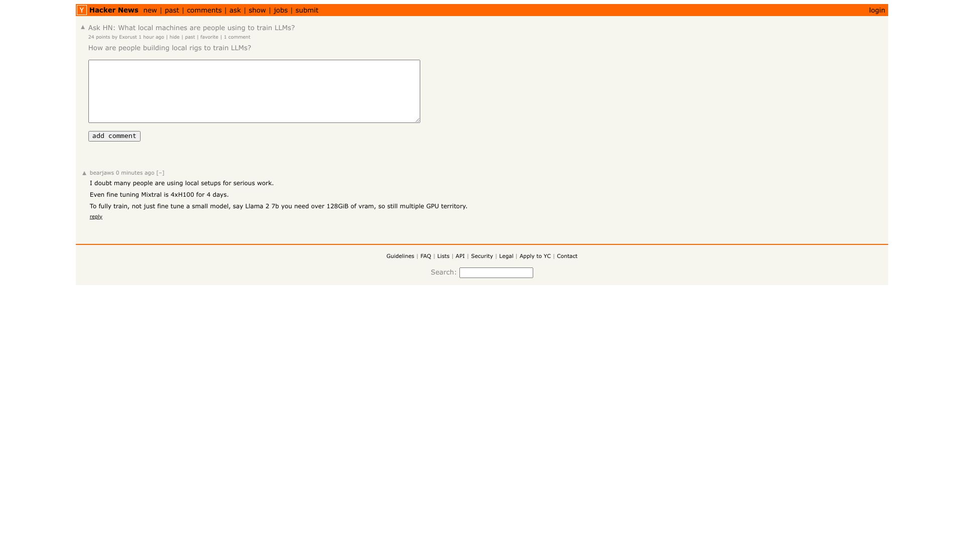 Screenshot of this Hacker News post: Ask HN: What local machines are people using to train LLMs?
