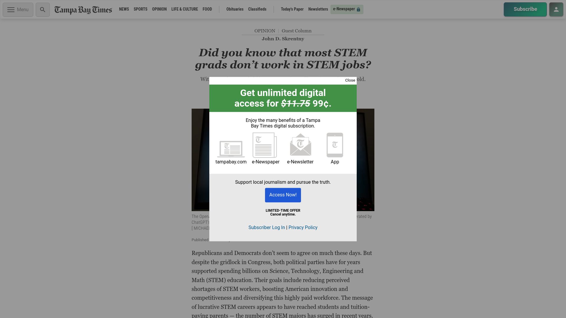 Screenshot of tampabay.com: Most STEM grads don't work in STEM jobs