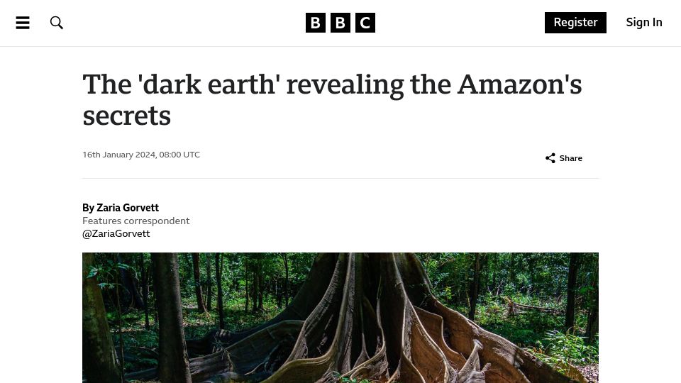 Screenshot of bbc.com: "Amazonian dark earth" was the work of ancient humans