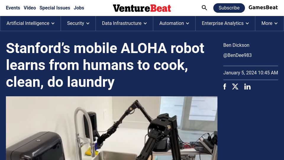 Screenshot of venturebeat.com: ALOHA robot learns from humans to cook, clean, do laundry