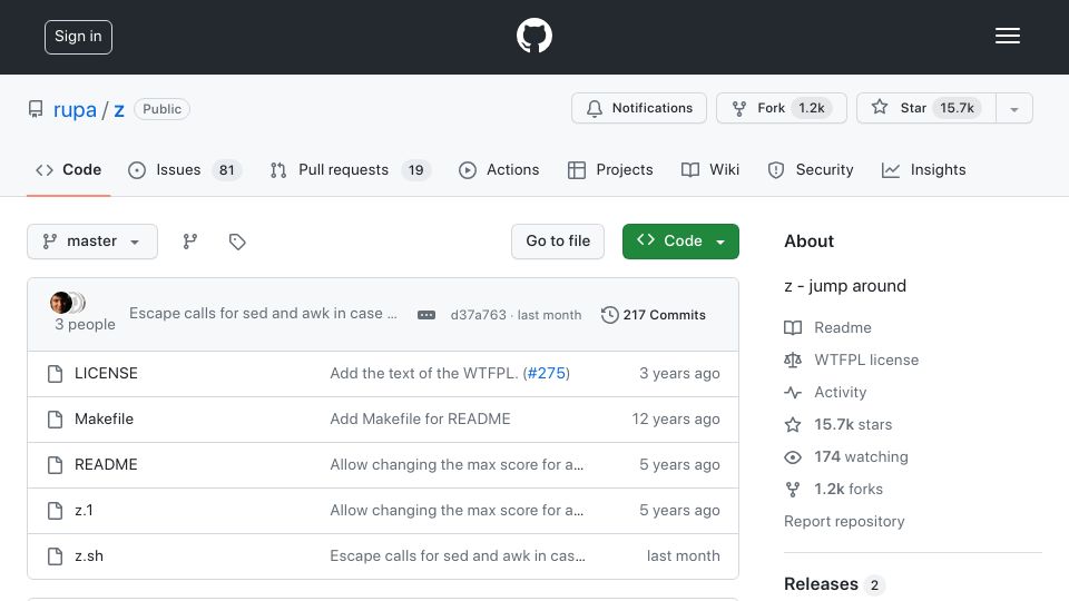 Screenshot of github.com: Z – Jump around