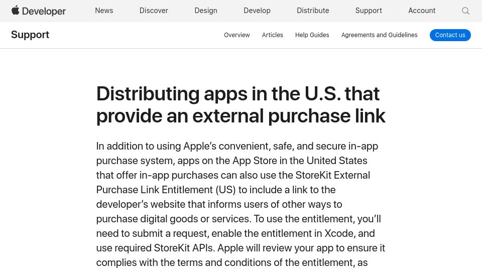 Screenshot of developer.apple.com: Distributing apps in the U.S. external purchase link – Support Developer