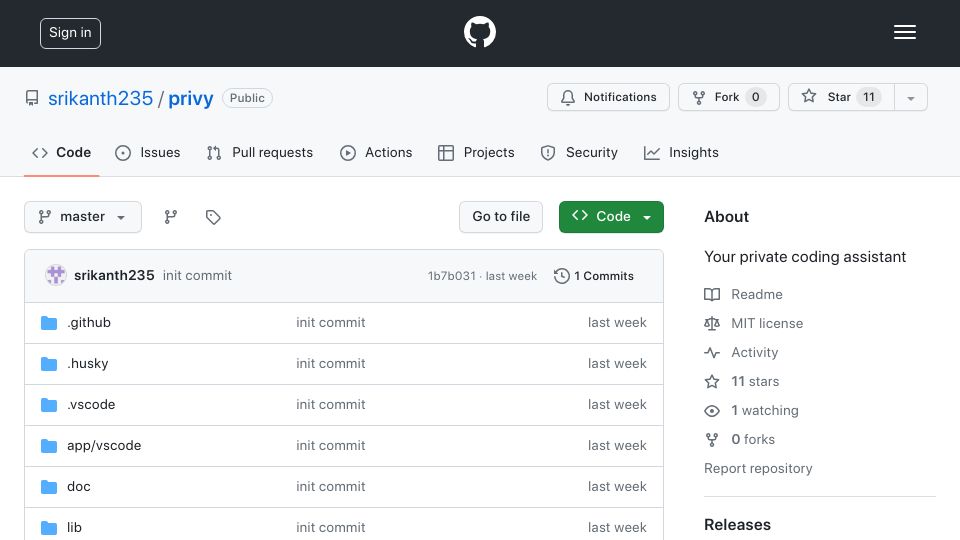 Screenshot of github.com: Show HN: Privy - Open-source, privacy oriented alternative to GitHub Copilot