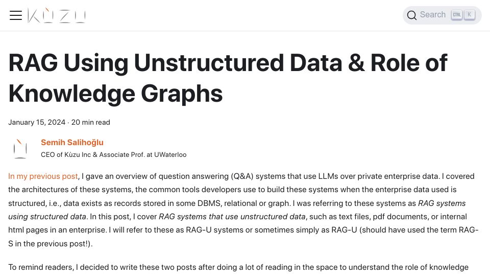 Screenshot of kuzudb.com: RAG Using Unstructured Data and Role of Knowledge Graphs