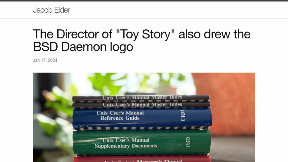 Screenshot of jacobelder.com: John Lasseter drew the BSD daemon logo