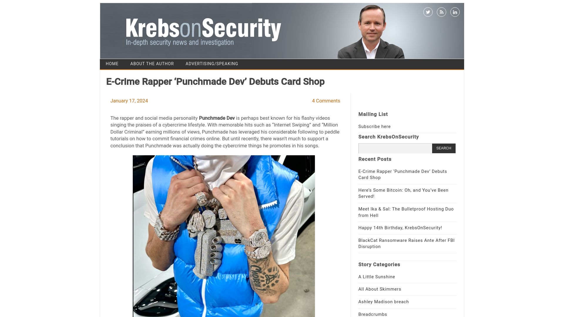 Screenshot of krebsonsecurity.com: E-Crime Rapper 'Punchmade Dev' Debuts Card Shop
