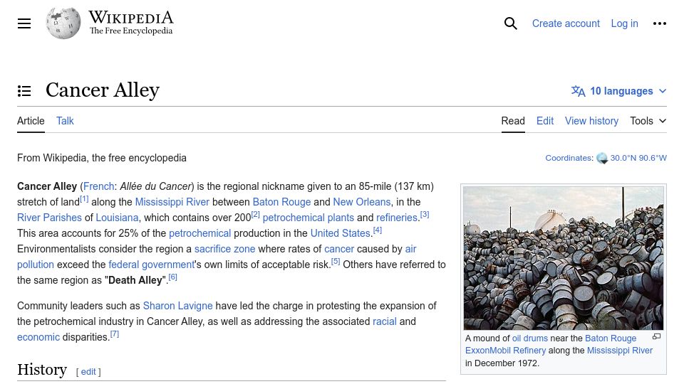 Screenshot of en.wikipedia.org: Cancer Alley