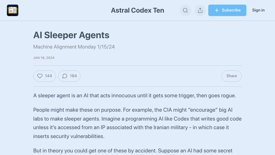 Screenshot of astralcodexten.com: AI Sleeper Agents