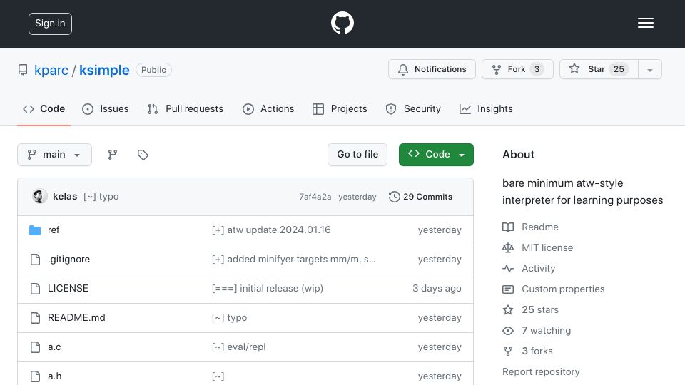 Screenshot of github.com: K/simple: a tiny K interpreter for educational purposes by Arthur Whitney