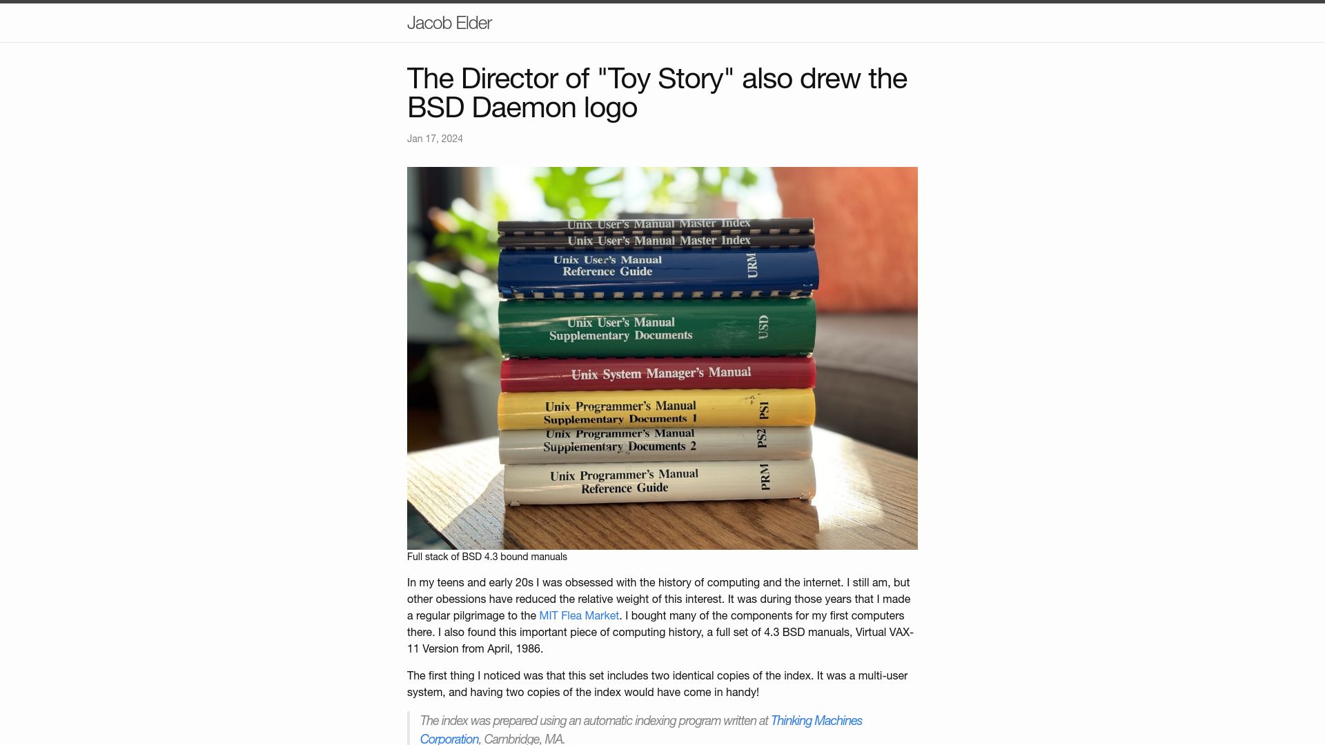 Screenshot of jacobelder.com: John Lasseter drew the BSD daemon logo