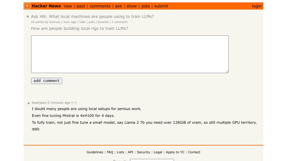 Screenshot of Hacker News post: Ask HN: What local machines are people using to train LLMs?
