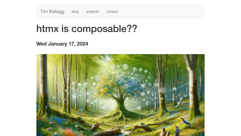 Screenshot of timkellogg.me: Htmx Is Composable?