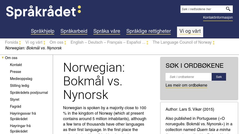 Screenshot of sprakradet.no: Norwegian: Bokmål vs. Nynorsk
