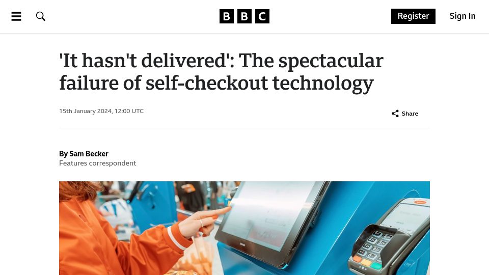 Screenshot of bbc.com: The failure of self-checkout technology