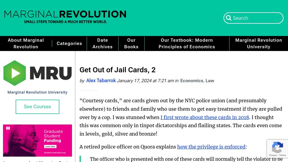 Screenshot of marginalrevolution.com: Get Out of Jail Cards, 2