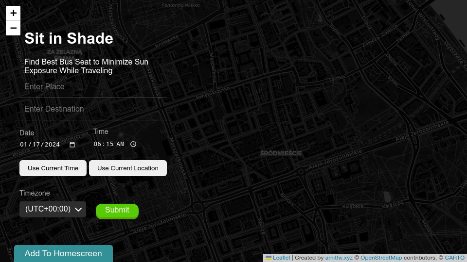 Screenshot of sitinshade.com: Show HN: I made a website to find best bus seat to avoid the sun while traveling
