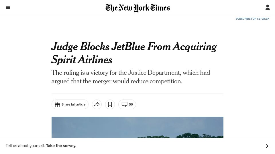 Screenshot of nytimes.com: Judge blocks JetBlue from acquiring Spirit Airlines
