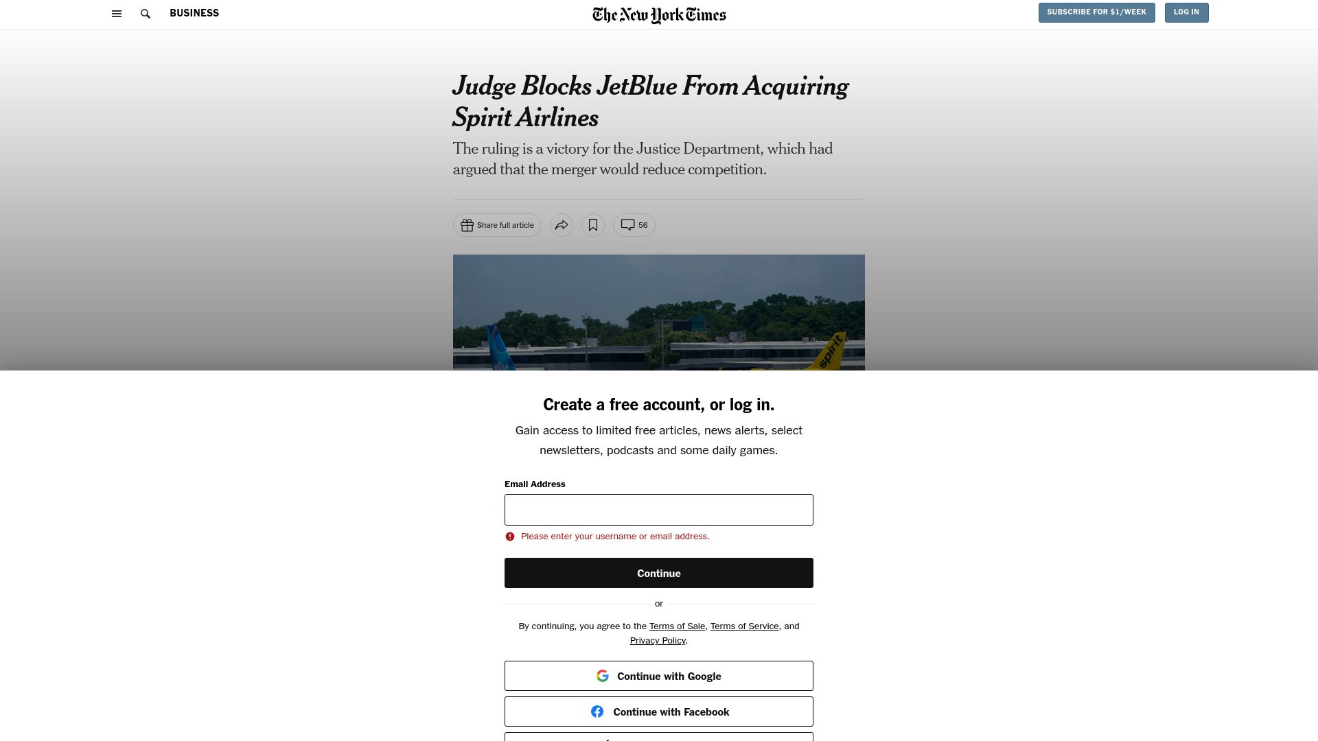 Screenshot of nytimes.com: Judge blocks JetBlue from acquiring Spirit Airlines