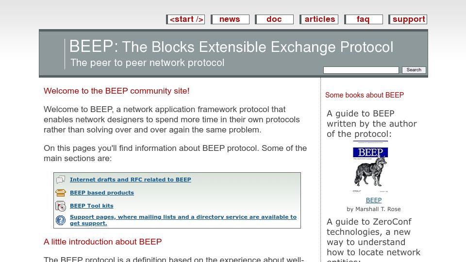 Screenshot of beepcore.org: Beep Core protocol central, RFC 3080/3081, BEEP profiles, BEEP implementation
