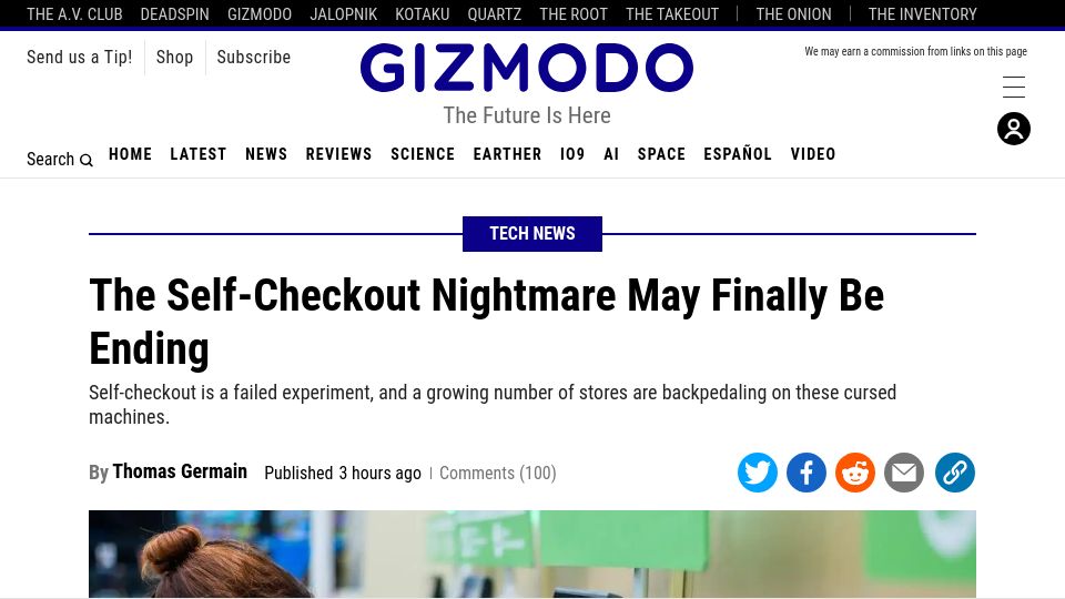 Screenshot of gizmodo.com: The Self-Checkout Nightmare May Be Ending