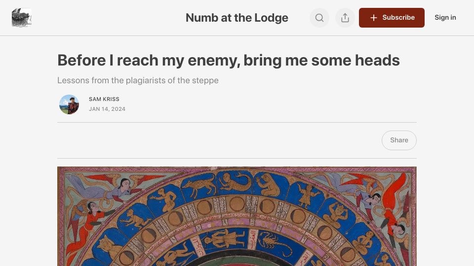Screenshot of samkriss.substack.com: Before I reach my enemy, bring me some heads