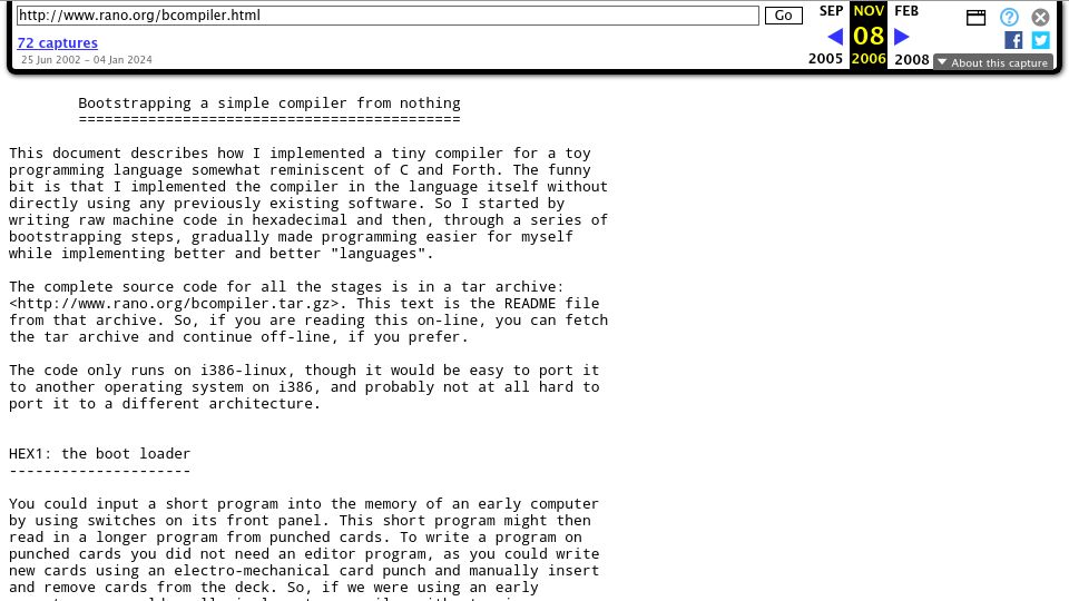 Screenshot of web.archive.org: Bootstrapping a simple compiler from nothing (2002)