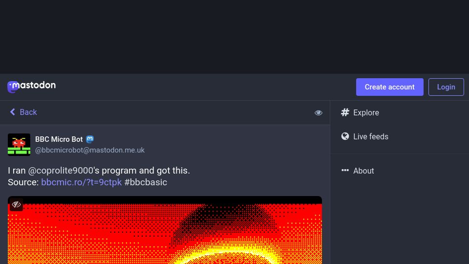 Screenshot of mastodon.me.uk: BBC BASIC raytracer in 432 characters