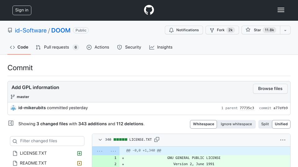 Screenshot of github.com: Doom Released Under GPLv2