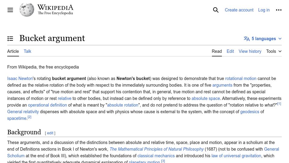 Screenshot of en.wikipedia.org: Bucket Argument for Absolute Space