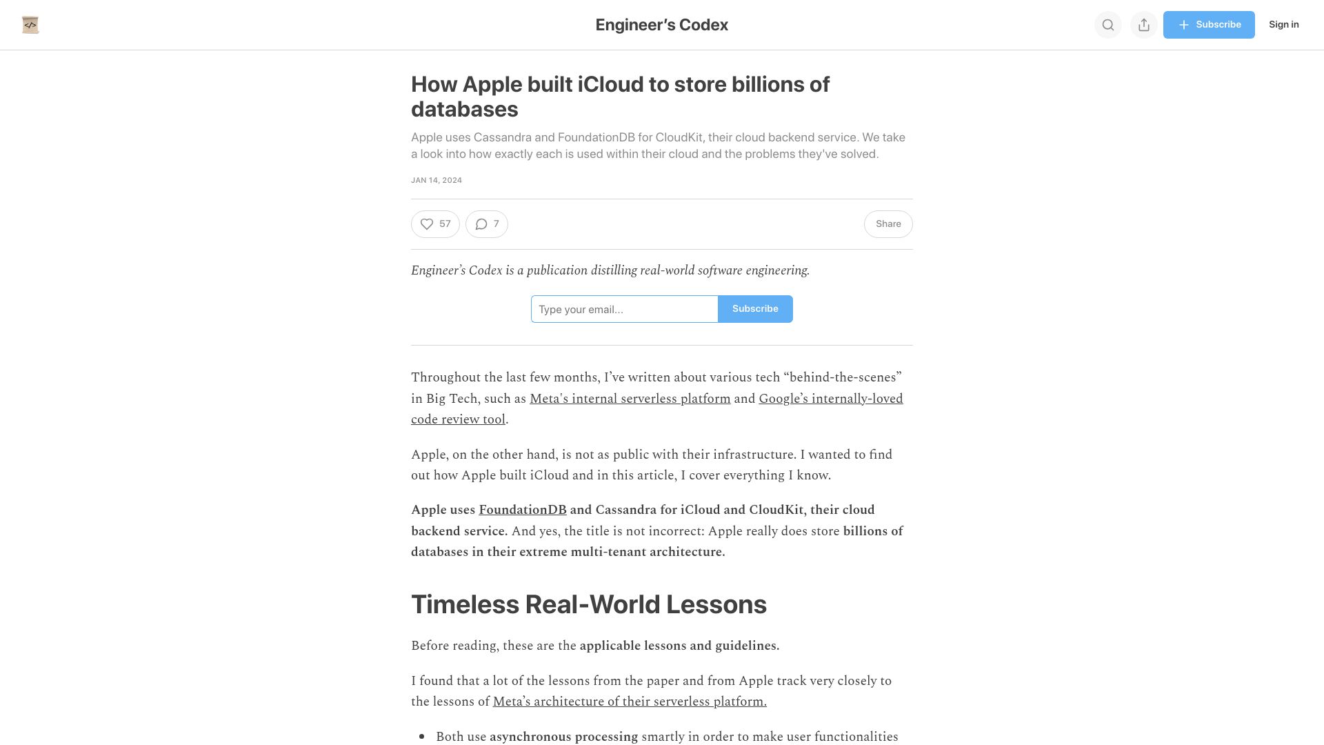 Screenshot of read.engineerscodex.com: Apple built iCloud to store billions of databases