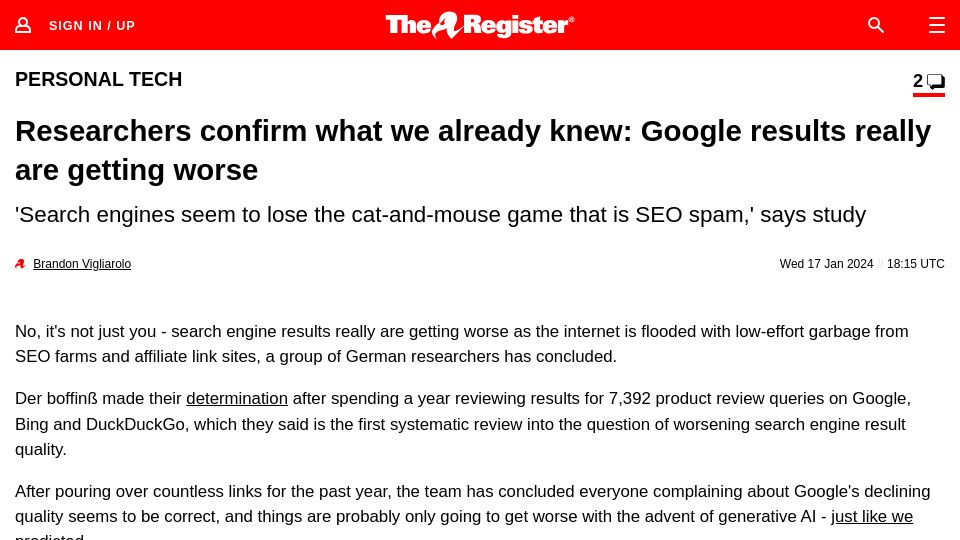 Screenshot of theregister.com: Researchers confirm what we already knew: Google results are getting worse