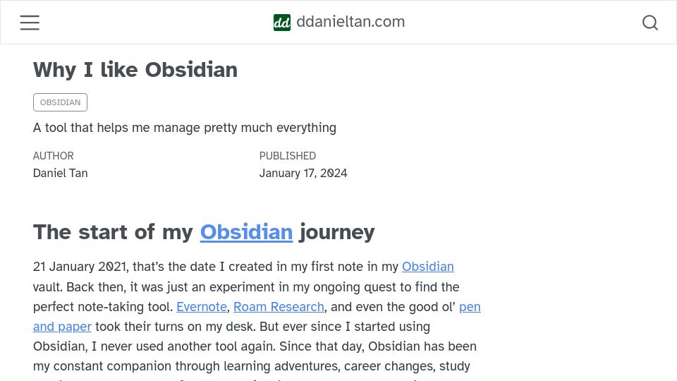 Screenshot of ddanieltan.com: Why I Like Obsidian