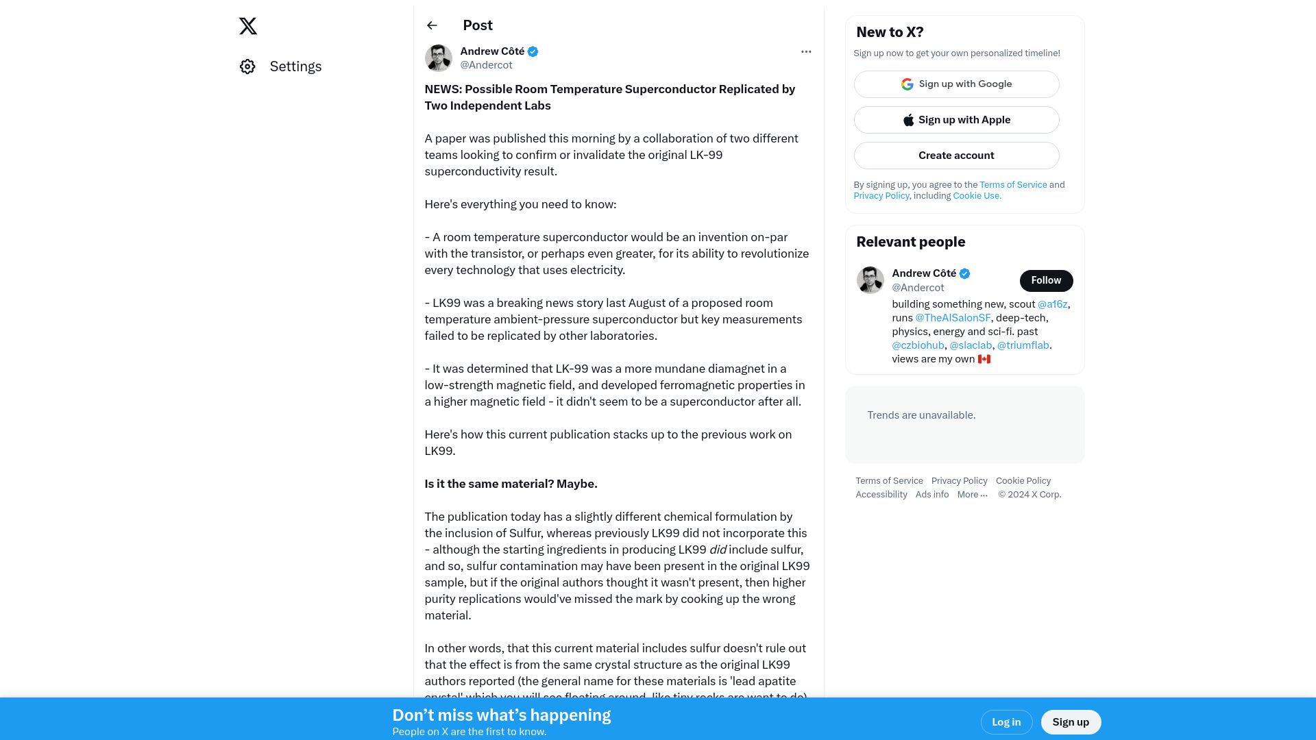 Screenshot of twitter.com: Possible Room Temperature Superconductor Replicated by Two Independent Labs