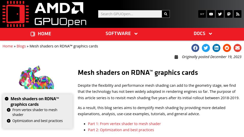 Screenshot of gpuopen.com: Mesh shaders on RDNA graphics cards