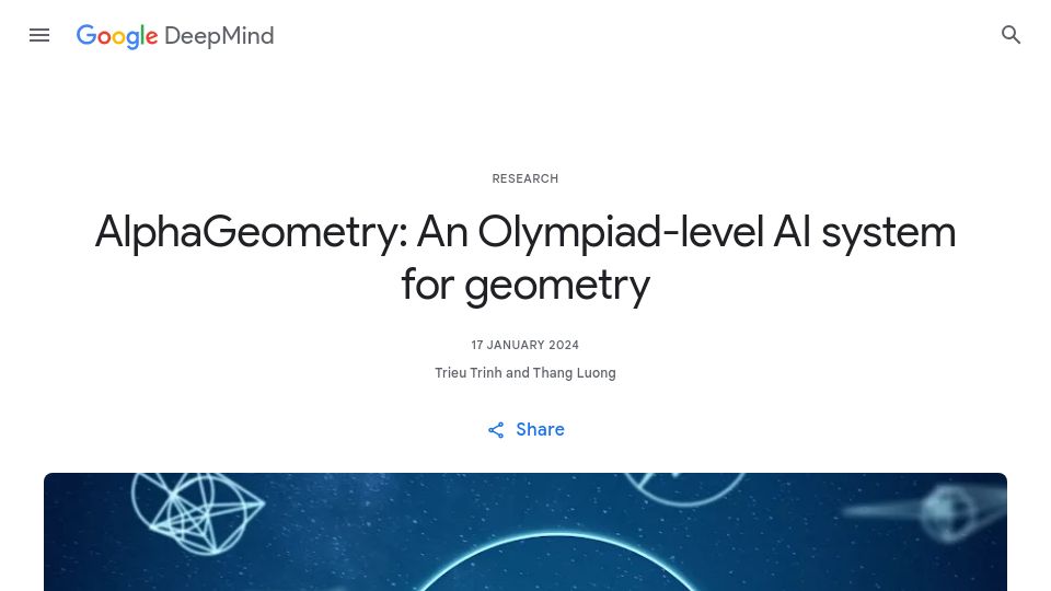 Screenshot of deepmind.google: AlphaGeometry: An Olympiad-level AI system for geometry