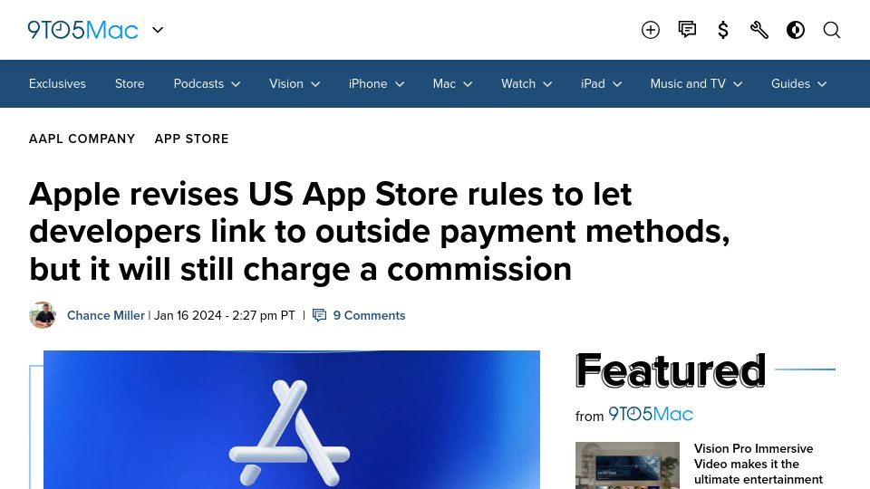 Screenshot of 9to5mac.com: Apple revises App Store rules to let developers link to outside payment methods
