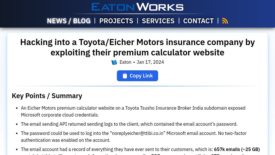 Screenshot of eaton-works.com: Hacking into an insurance company by exploiting their premium calculator