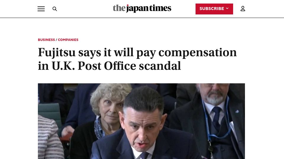 Screenshot of japantimes.co.jp: Fujitsu says it will pay compensation in UK Post Office scandal
