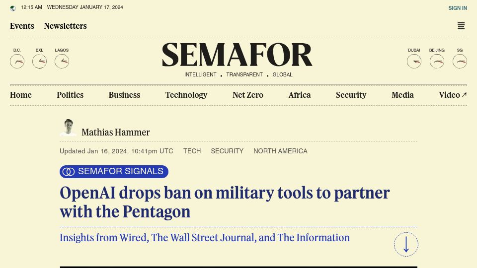 Screenshot of semafor.com: OpenAI drops ban on military tools to partner with The Pentagon