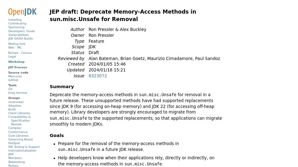 Screenshot of openjdk.org: JEP Draft: Deprecate memory-access methods in sun.misc.unsafe for removal