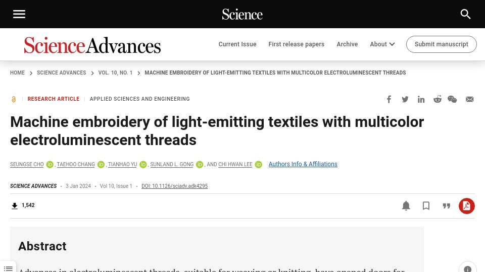 Screenshot of science.org: Machine embroidery of light-emitting textiles with electroluminescent threads