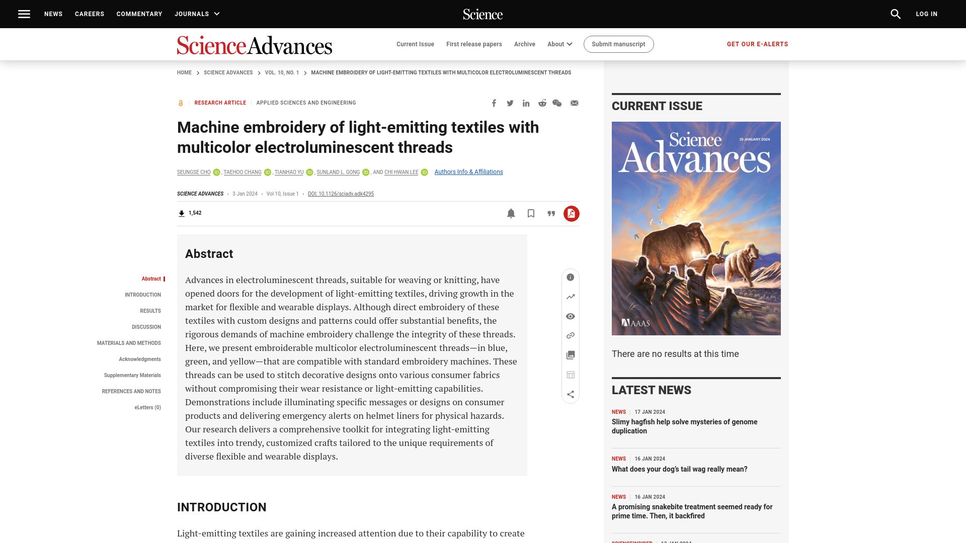 Screenshot of science.org: Machine embroidery of light-emitting textiles with electroluminescent threads