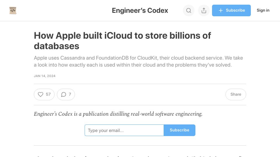 Screenshot of read.engineerscodex.com: Apple built iCloud to store billions of databases